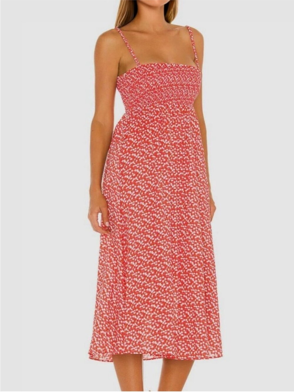 SOLID & STRIPED Coral Strapless Smocked Midi Dress